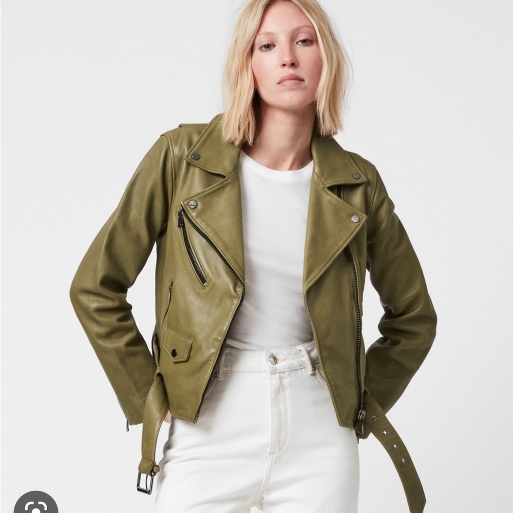 All Saints Griffin leather biker jacket in moss green